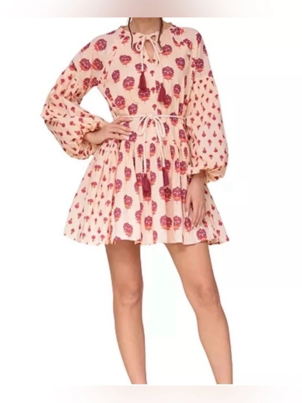 Avec Les Filles Floral Mini Dress Boho Peasant Tassel Tie Waist Size 6